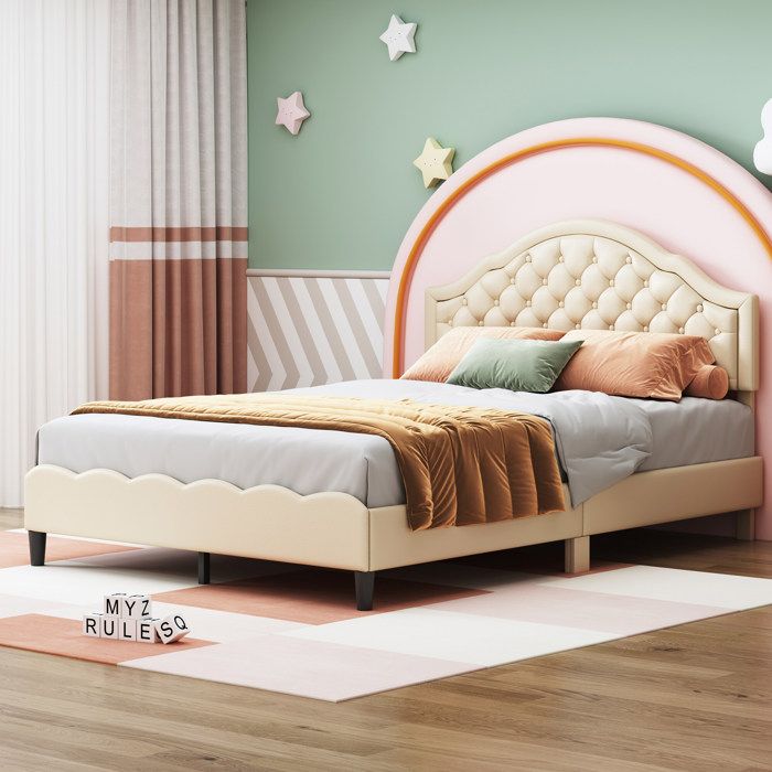 cadre de lit double - 140 x 200 cm, sans matelas, avec dossier en cuir pu, beige - hauss spole