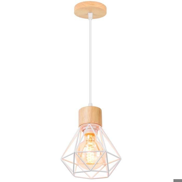 WOTTES Suspension Luminaire Vintage Industrielle Lustre en Fer et Bois Rétro Cage Design Blanc E27 4PCS pour Salon Cuisine
