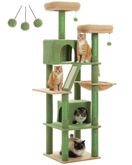 Meilleurs prix pour PAWZ Road Grand Arbre à Chat Multi-Niveaux avec 6 Poteaux à Griffer, 2 Griffoirs, 2 Niches, 2 Pompons & 1 Hamac, 180cm Vert