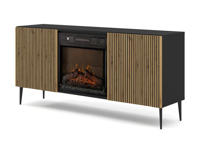 Meuble TV RAVENNA 2D 170 cm avec cheminée électrique noir mat chêne artisan Meuble TV RAVENNA 2D 170 cm avec cheminée électrique noir mat chêne artisan