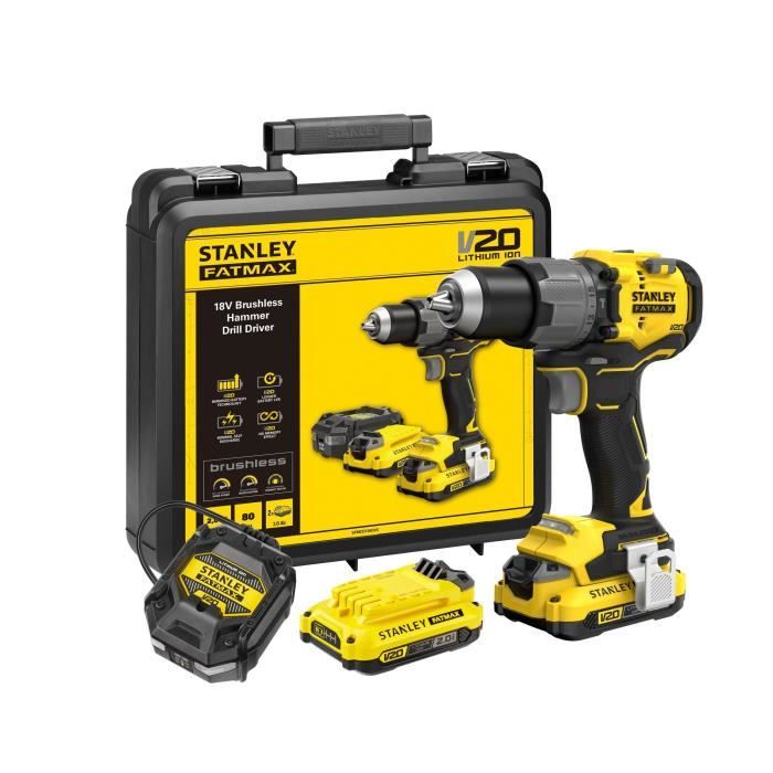 STANLEY FATMAX V20 Perceuse visseuse à percussion sans fil Brushless 18 V avec 2 batteries de 2 0 Ah 1 chargeur et 1 étui de transportboîte de kit
