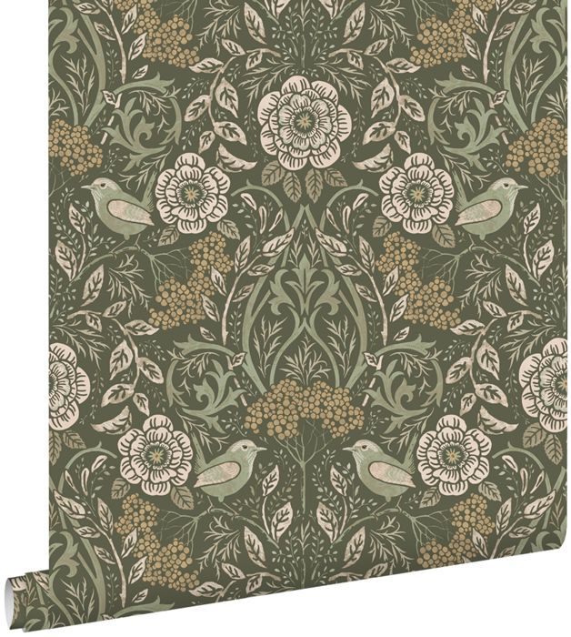ESTAhome -  papier peint - fleurs et oiseaux - vert foncé - 0.53 x 10.05 m