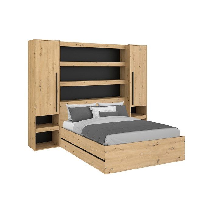 Lit coffre 140 x 190 cm LUDARO avec pont de lit VARLY - Coloris : Naturel et noir