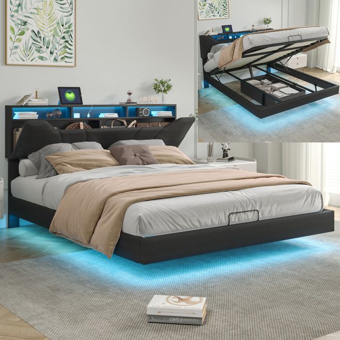 Structure de lit 140 x 200 cm avec Éclairage LED Tête de Lit Haute USB prise Style Moderne Nior