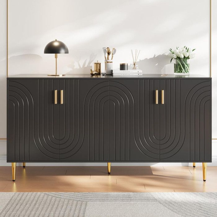 Buffet de cuisine 152×40×75 cm au design ondulé unique Buffet bas avec pieds dorés et poignées Buffet salon en noir