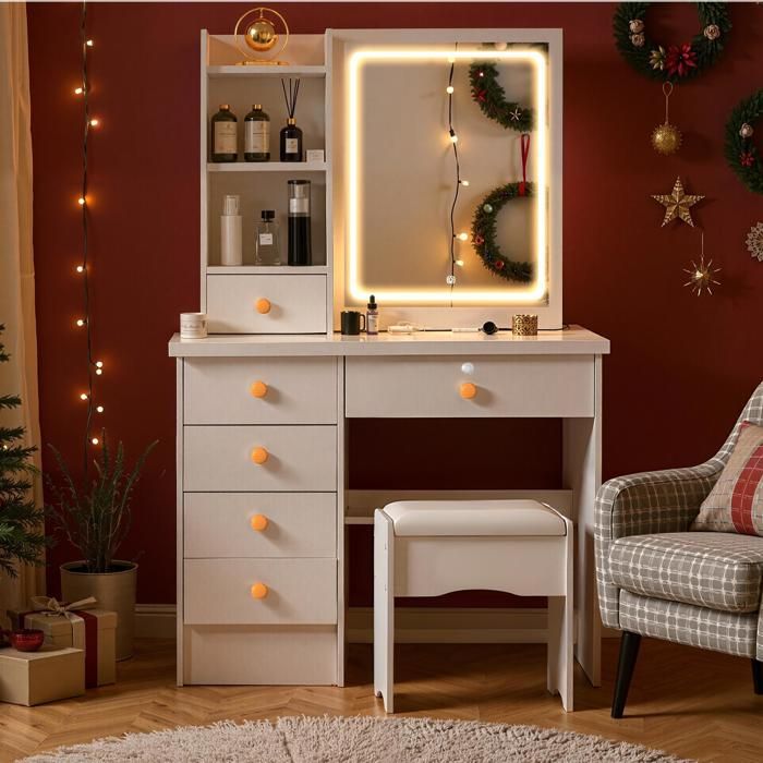 Coiffeuse Avec Miroir LED Coulissant Et Tabouret - Meuble Maquillage Blanc Avec 6 Tiroirs Et Étagères Ouvertes