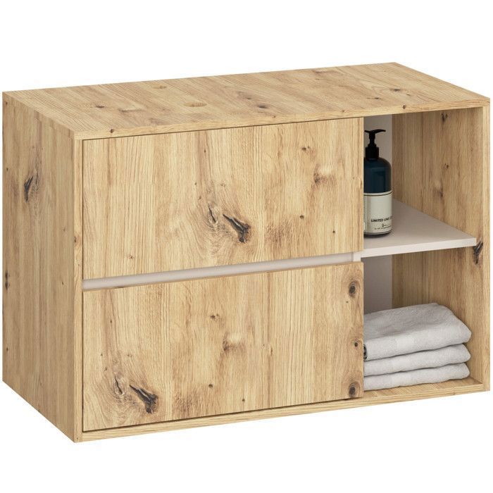 Meuble salle de bains VAMI sans vasque suspendu Chêne Artisan Cachmire 90 cm 2 tiroirs 2 étagères 90x45 5x60 cm