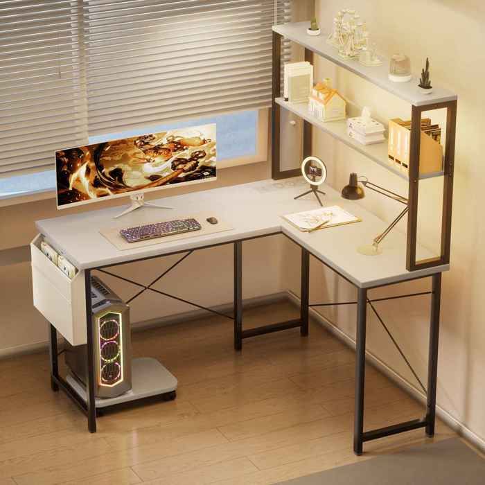 Bureau dordinateur en L avec éclairage LED intelligent prises de courant et ports USB intégrés blanc