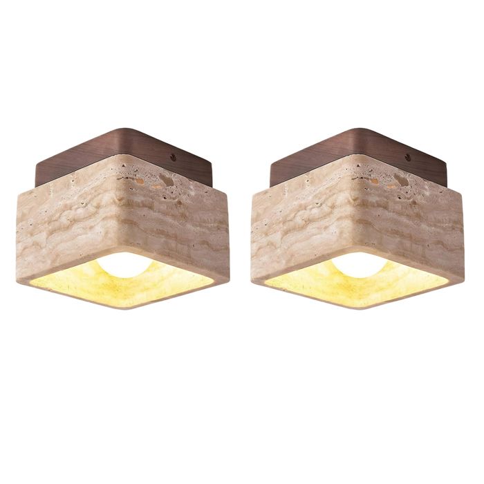 iDEGU 2pcs Plafonnier VintageLampe de Plafond Moderne en Travertin Jaune Naturel Lustre Bois Abat-jour en Carre12*12cm