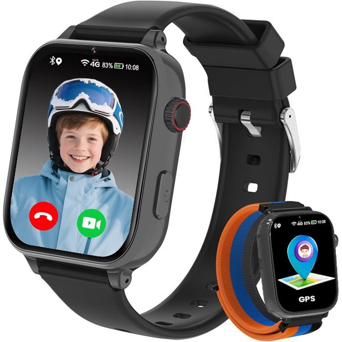 Montre Connectée Enfant Montre 4G GPS - Smartwatch avec SOS Appel Vidéo Caméra Noir