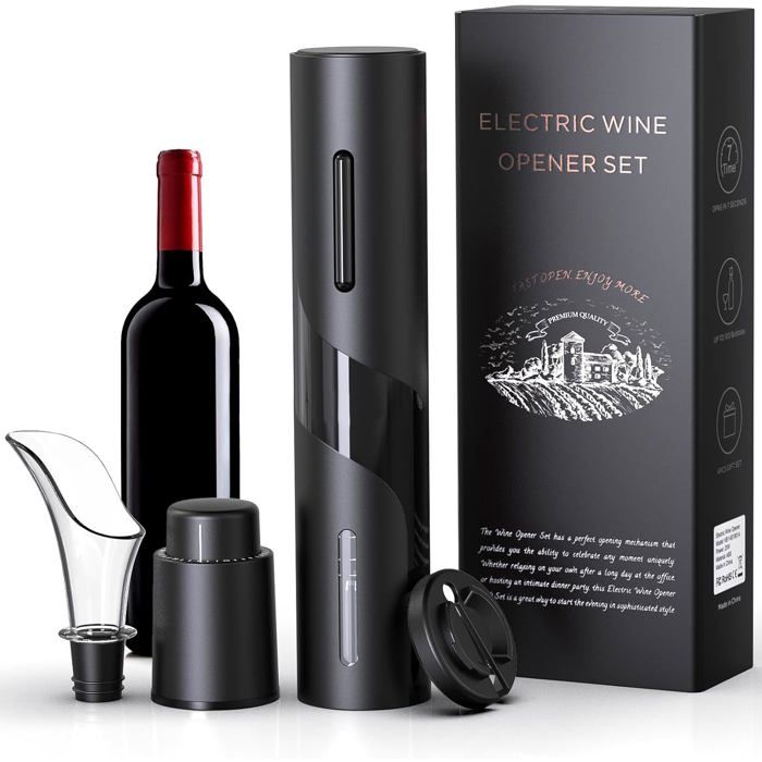 Tire-Bouchon Électrique Rechargeable Avec Coupe-Capsule - Ouvre Bouteille Automatique Gris Foncé En Boîte Cadeau
