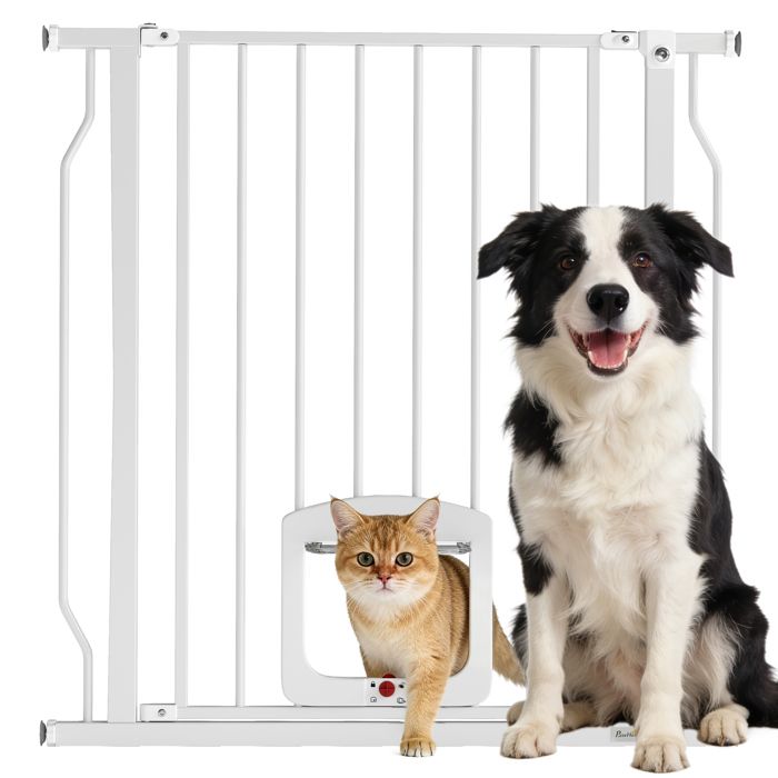 Meilleurs prix pour Barrière de sécurité chien - PawHut - 75-85cm - fixation par pression sans percer double verrouillage fermeture automatique blanc