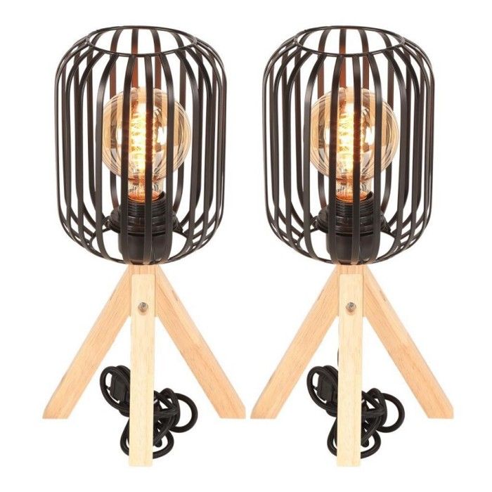 Lampe de chevet - Rétro - Lot de 2 - Bois et métal - Douille E27