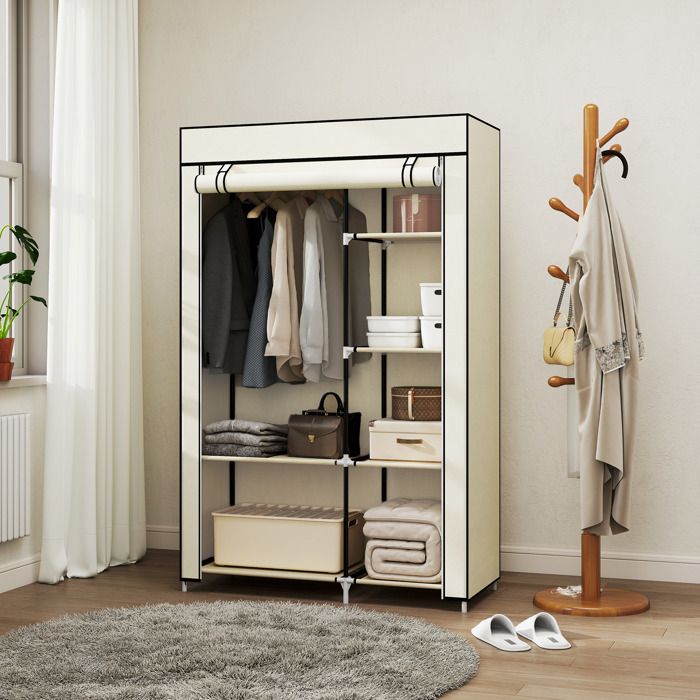 Armoire penderie en tissu meuble de rangement tringle à vêtements et étagères ouvertes 103x43x1625cm crème