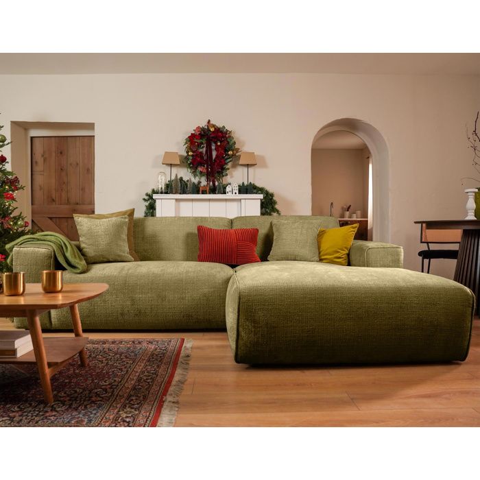 Lison - Canapé dangle droit 4 places en velours texturé - Vert Kaki