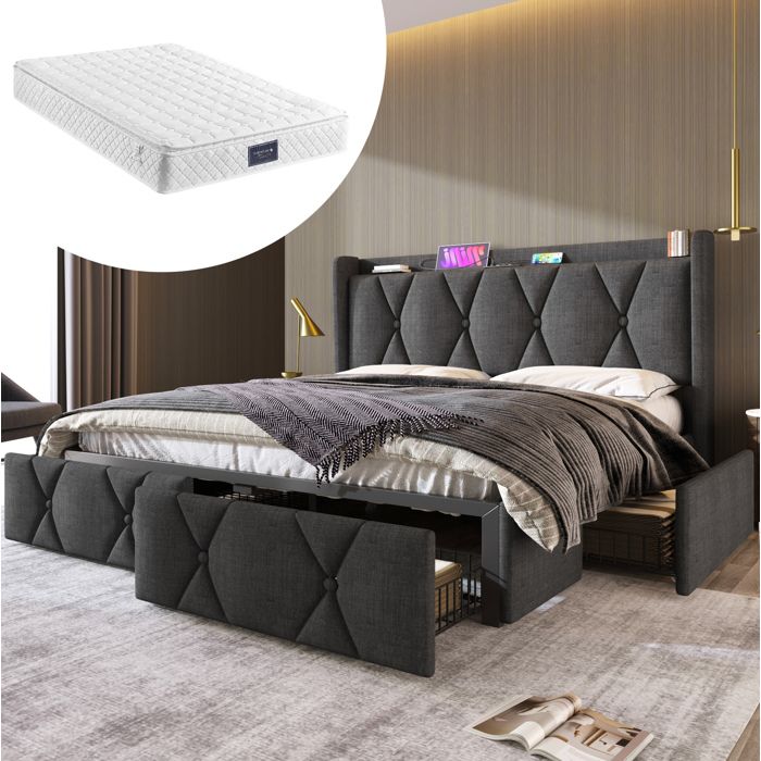 Lit double rembourré gris 140 × 200 cm avec USB prises 4 tiroirs et matelas