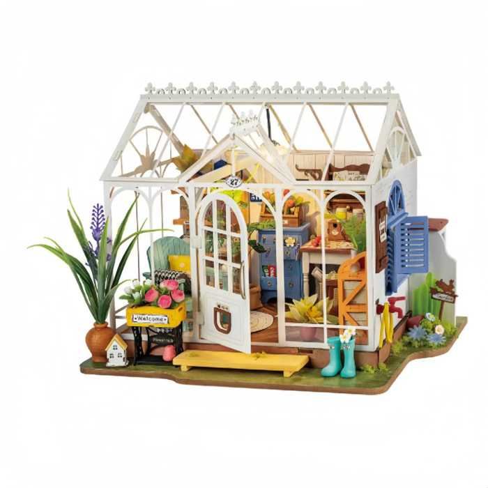 Jardin miniature DIY avec serre panoramique maison 3D à assembler et établi