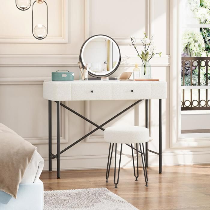 Coiffeuse Blanche 100x40x120 cm avec Miroir LED 3 couleurs Tabouret 2 Tiroirs Plateau Effet Marbre – Chambre Appartement