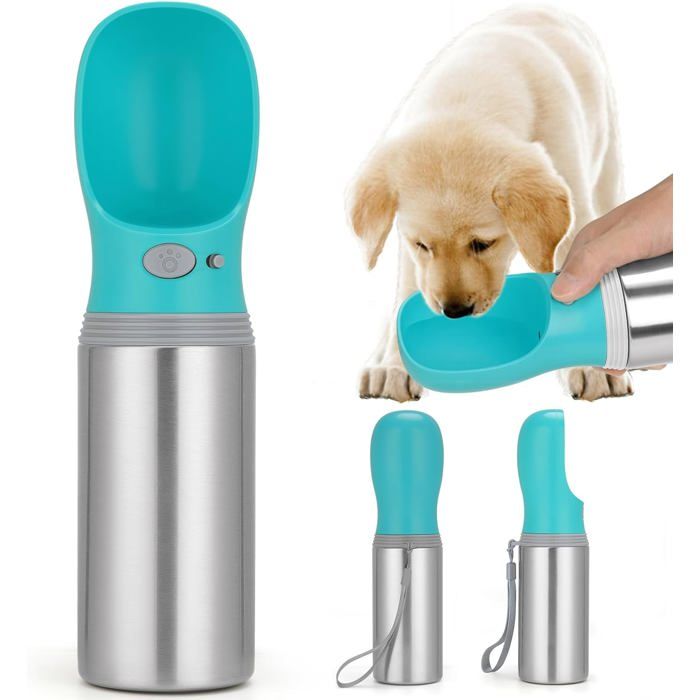 Gourde D’Eau Portable Pour Chien Antifuite 14 Oz Inox Distributeur Avec Bol Et Bouton Verrouillage Voyage Randonnée