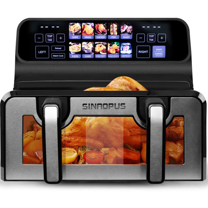 Airfryer double 9L 2200W 2 paniers 45L ou XXL ecran tactile LED 10 programmes 50-200°C fenetre eclairee