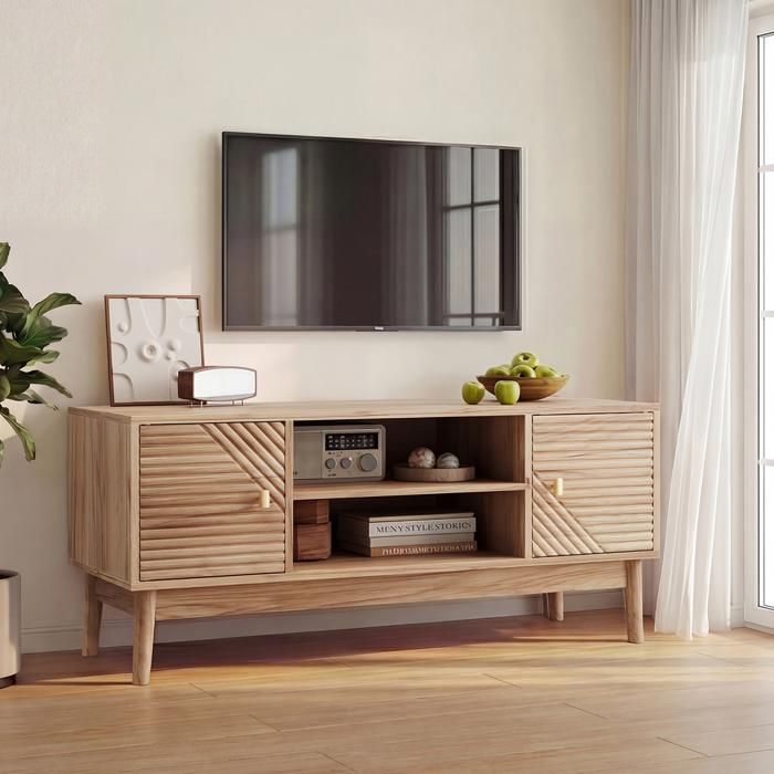 Meuble TV 110 cm 2 Portes et Passage de Câbles - YEAVIO - Inspiration Années 50 Salon MDF Chêne 110×40×48 cm