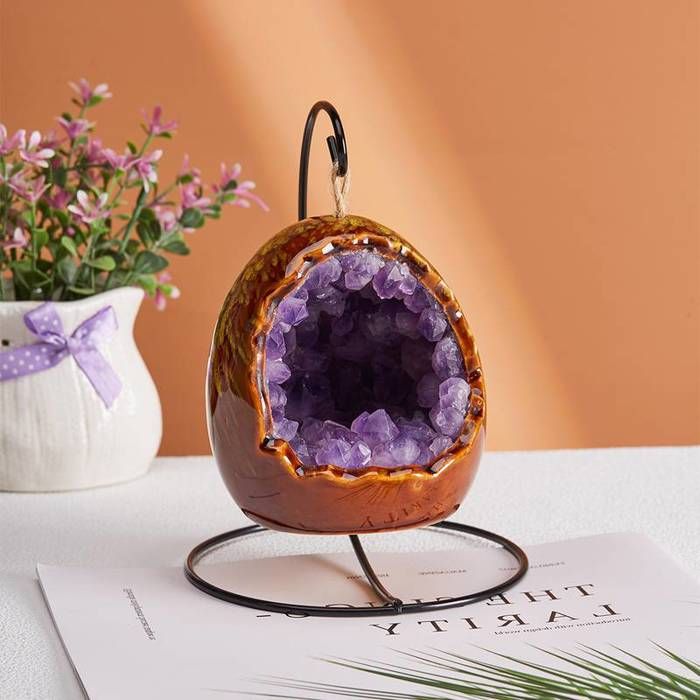 Lampe de nuit spirituelle en cristal améthyste naturelle - Forme œuf de dinosaure/fleur de dent décoration pierres brunes/violett