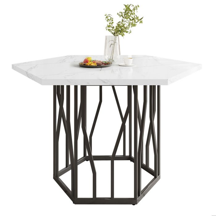 Ensemble table à manger 5 pièces hexagonal effet marbre blanc métal noir 4 chaises en velours vert