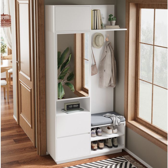 JOINERY Vestiaire dentrée blanc avec banc et étagère à chaussures Miroir intégré 3 crochets 3 portes 1 tiroirs
