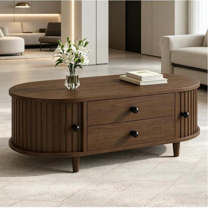 Table basse ovale coloris noyer 100 x 50 x 36 cm avec 2 tiroirs portes tambour MDF et pieds en bois massif