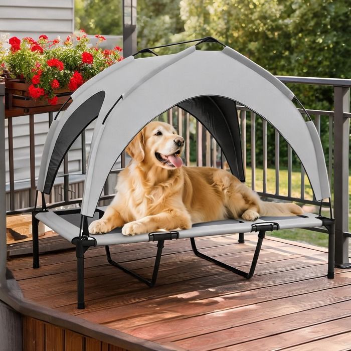 Lit de camp surélevé pour chien grand confort avec velum dôme anti-UV en oxford gris clair 106 x 76 x 94 cm