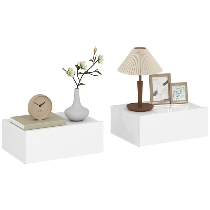 Lot de 2 Tables de Chevet Suspendues avec Tiroir - Style Moderne - 40x30x15 cm - Blanc Brillant Lot de 2 Tables de Chevet Suspendues avec Tiroir - Style Moderne - 40x30x15 cm - Blanc Brillant