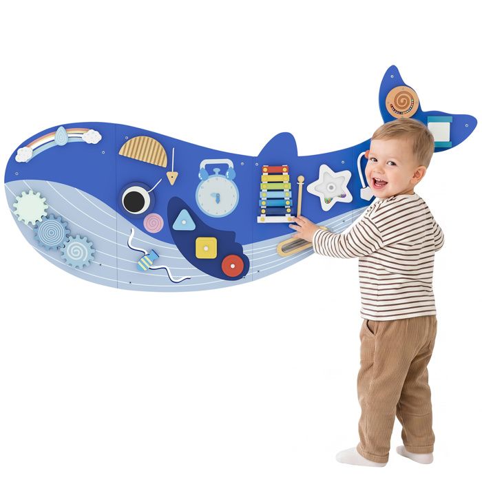 Busy board - AIYAPLAY - tableau dactivités mural baleine - 13 en 1 - jouet éducatif apprentissage - bois - 60x40x3cm - bleu