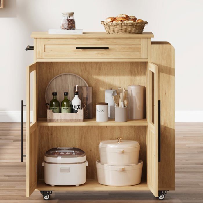 Îlot cuisine mobile inox bois naturel