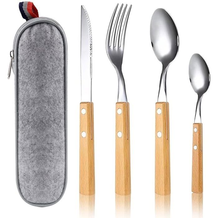 5 Pièces Couvert Camping Portables Couverts de Voyage en Acier Inoxydable avec Pochette Couvert Adaptés au Argenté.