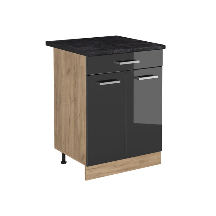 Meuble bas de cuisine R-Line 60cm avec tiroir plan de travail Anthracite Anthracite Haute brillance/Chêne doré Vicco 61189