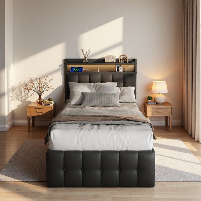 Lit coffre 90x200 cm Lit simple 90x200cm Coffre de rangement 1 place Tête de lit avec LED et port USB Sommier à lattes Noir PU