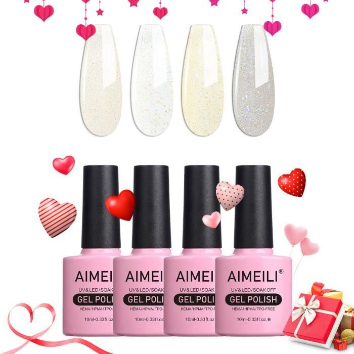 AIMEILI Vernis Semi Permanent Set 4pcs X 10ml Pailleté Blanc Jaune Gris,Lot Vernis à Ongles Gel Soak Off UV LED Manucure Kit 31