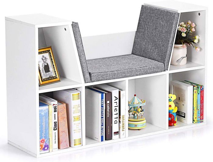 Bibliothèque avec Coussin - GOPLUS - 6 Compartiments de Stockage - 102 5 x 30 x 63 5 CM - Blanc