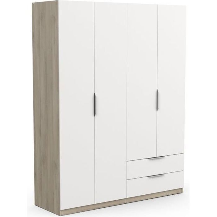 Armoire GHOST - Décor chêne kronberg et blanc mat - 4 Portes + 2 Tiroirs - L.157,3 x P.51,1 x H.203 