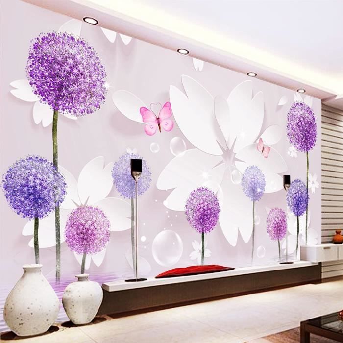 Stickers Muraux Pissenlit Violet Autocollant Mural Fleur D'Allium  Décoration Murale Chambre Fille Salle à Manger