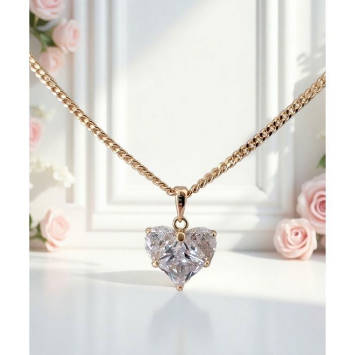 Collier Femme Avec Pendentif Croix Et Cœur En Cristal Rose - Plaqué Or Jaune 750 - Neuf Avec étiquettes