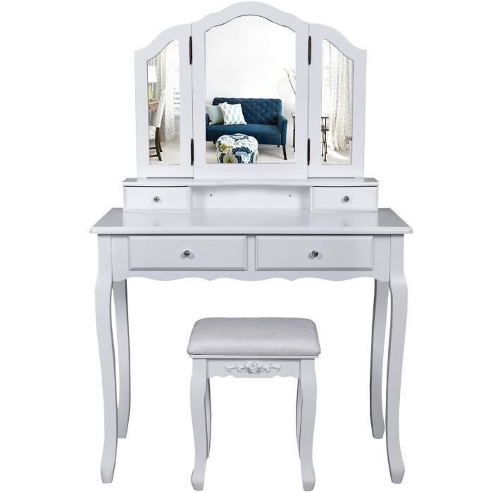 Coiffeuse De Maquillage Meuble De Chambre Blanc Avec 3 Miroirs 4