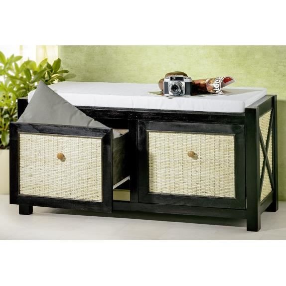 Banc Rangement De Salle De Bain Bois Noir Rotin Achat Vente
