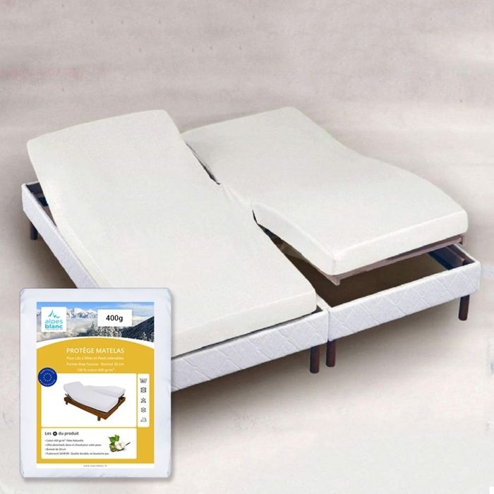 ALPES BLANC - Protège matelas molleton 400 gm² - lit électrique -coton forme drap housse en H bonnet 30 qualité durable 2x70x190 ALPES BLANC - Protège matelas molleton 400 gm² - lit électrique -coton forme drap housse en H bonnet 30 qualité durable 2x70x190