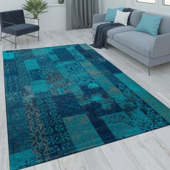 Tapis Poils Ras Patchwork Salon Moderne Aspect Vintage Floral Bleu Turquoise 120x170 Cm Cdiscount Maison