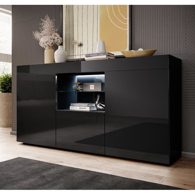 Design Ameublement - Buffet Bahut SEFORA LED - 3 portes - Noir Brillant - 135x72x34cm