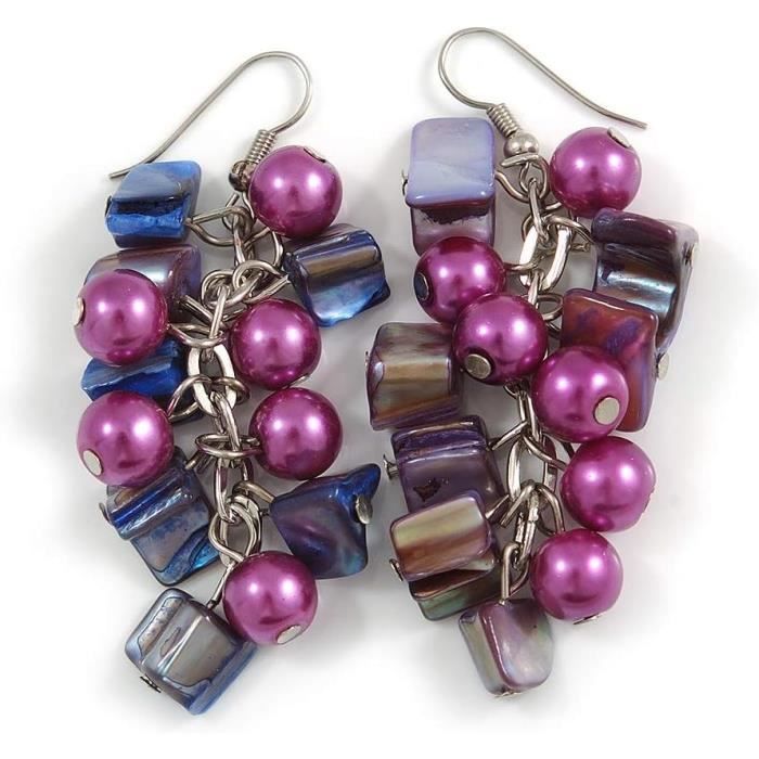 Boucles D'Oreilles Perles Pendantes Violettes - Bijoux Fantaisie Légers Pour Soirée - 7