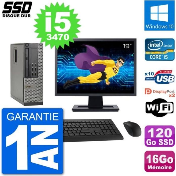 PC Dell 7010 SFF Ecran 19 Intel Core i5-3470 RAM 16Go SSD 120Go Windows 10 Wifi