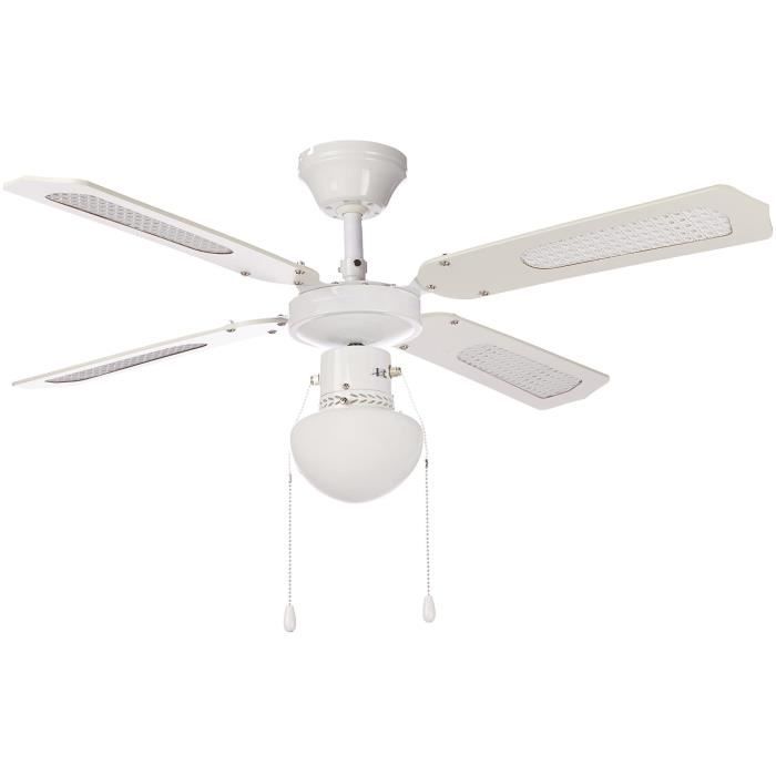 Ventilateur de plafond réversible FARELEK BALI - Ø 107 cm, 4 pales blanches / cannées blanches + écl