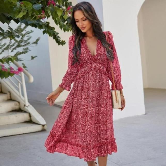 Robe Femme Bohème Chic - Col V Et Manches Courtes - Style Vintage - Uni